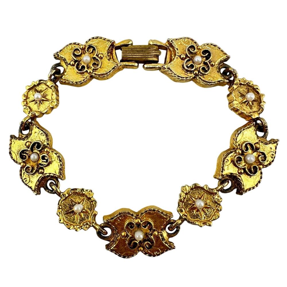 Vintage Arthur Pepper ART Antique Style Faux Pearl Gold Tone Panel 6.25 Bracelet